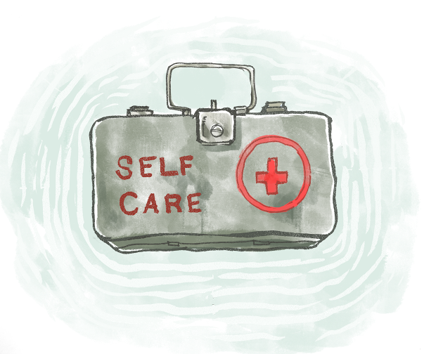 The image features a metal case, presumably a first aid kit, with the words "SELF CARE" on top.